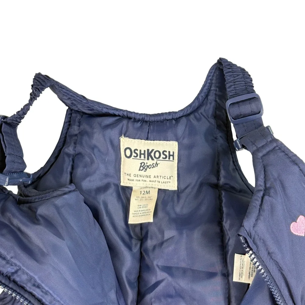 OshKosh BGosh Toddler‎ 12M Snow Bibs Navy Blue Insulated Heart Winter Ski